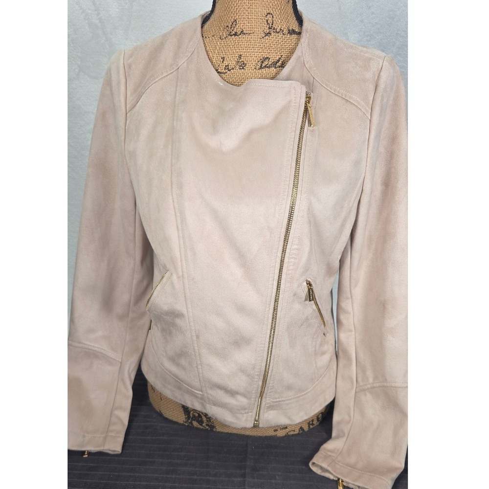Calvin Klein Moto Jacket Womens M Tan Faux Suede Gold Zip M Modern Biker Classic